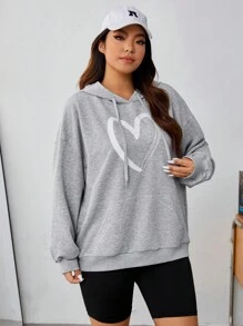 SHEIN EZwear Plus Heart Print Kangaroo Pocket Drop Shoulder Drawstring Hoodie - Light Grey - View 4