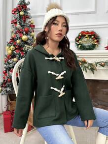 SHEIN Unity Dual Pocket Drop Shoulder Duffle Hooded Duffle Tweed Duffle Tweed Duffle Overcoat - Green - View 3