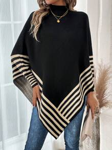 SHEIN Clasi 条纹蝙蝠袖不对称下摆斗篷，秋冬长袖上衣 - 黑色 - 查看 5