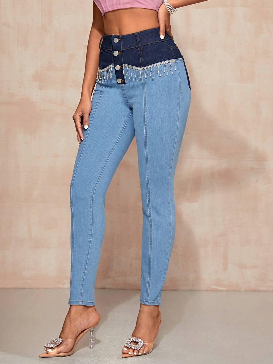 SHEIN Privé Jeans ajustados de dos tonos con botón - Lavado ligero - Ver 1