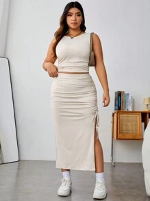 SHEIN EZwear 大碼素色背心上衣&抽繩高衩半身裙 - 杏色 - 查看 1