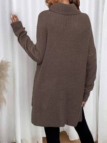 SHEIN LUNE Cowl Neck Drop Shoulder Pocket Patched Knit Pullover Fall Winter Sweater - Brown - View 2
