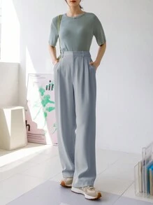 DAZY Quần ống rộng chi tiết xếp li, Quần váy nữ - Màu xanh bụi bặm - Xem 3