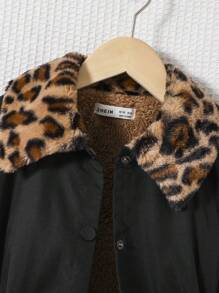 SHEIN Tween Girl Leopard Print Teddy Lined Drawstring Waist Coat - Black - View 7