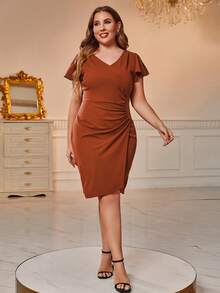 CurvySweet Talla grande Vestido de manga mariposa bajo cruzado fruncido lateral - Marrón - Ver 4