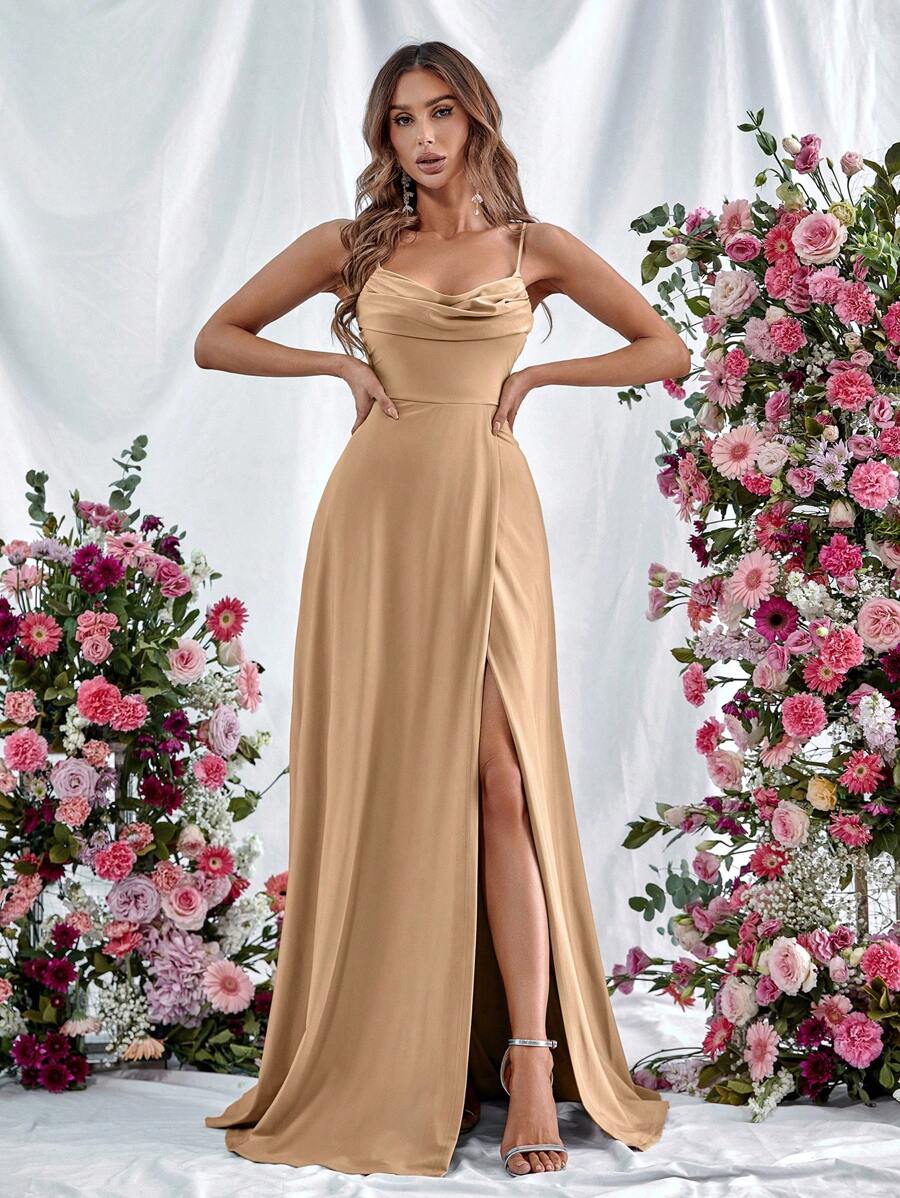 优雅吊带晚礼服，胸部褶皱修身设计，高开衩剪裁——适合春夏活动的正式礼服——适用于晚宴、婚礼、舞会、红毯、高档派对、伴娘礼服等正式场合。