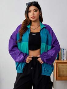 SHEIN EZwear Hơn Khối màu Tay Raglan Dây kéo Windbreaker Jacket - Nhiều màu - Xem 5