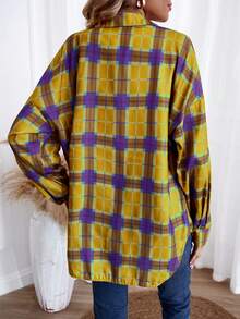 SHEIN LUNE Plaid Print Drop Shoulder Shirt - Yellow - View 2