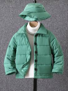 Young Boy 1pc Snap Button Front Padded Coat & Hat - Green - View 1