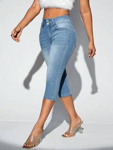 SHEIN SXY High Waist Bleach Wash Skinny Capri Jeans - Light Wash - View 3