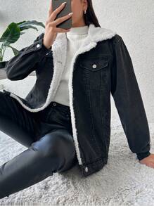 EURMUSE Borg Collar Teddy Lined Denim Jacket - Dark Grey - View 4