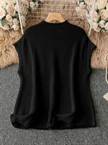 SHEIN LUNE Plus Size Women Solid Color Knitted Mock Neck Batwing Short Sleeve Casual Pullover Sweater, Autumn/Winter - Black - View 2