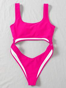 Swim SXY Summer Beach Cut Out Ring Linked One Piece Swimsuit - Hot Pink - View 3
