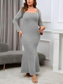 SHEIN Privé 大碼方領魚尾裙下擺洋裝 - 灰色 - 查看 6