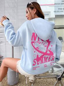 SHEIN Unity Capucha con estampado de slogan y dibujos animados de hombros caídos con cordón - Azul - Ver 6