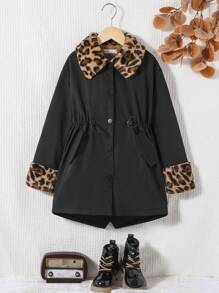 SHEIN Tween Girl Leopard Print Teddy Lined Drawstring Waist Coat - Black - View 6