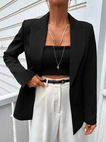 EURMUSE Peak Collar Single Button Blazer - Black - View 3