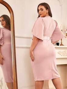 CurvySweet Plus Keyhole Neckline Petal Sleeve Bodycon Dress - Pink - View 2