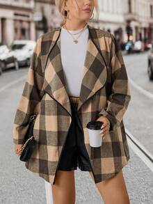 SHEIN LUNE Hơn In kẻ sọc Buffalo Cổ áo thác nước Mở Mặt trước Áo khoác - Màu Khaki - Xem 4
