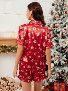 SHEIN 聖誕雪花圖案拼接滾邊緞面睡衣套裝 - 酒紅色 - 查看 2