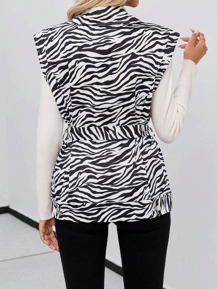 Zebra Striped Print Belted Vest Blazer