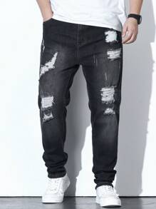 Manfinity Men Plus Ripped Frayed Cat Scratch Skinny Jeans - Black - View 6