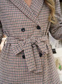 SHEIN Frenchy Plaid Print Double Breasted Belted Blazer - Khaki - View 4