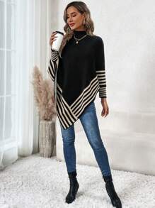 SHEIN Clasi 条纹蝙蝠袖不对称下摆斗篷，秋冬长袖上衣 - 黑色 - 查看 3
