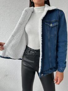 EURMUSE Túi có nắp Lót Teddy Áo khoác denim - Màu xanh lam - Xem 4