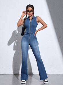 SHEIN EZwear Zip Up Flare Leg Denim Jumpsuit - Medium Wash - View 4