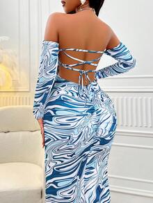 SHEIN Slayr Marble Print Lace Up Backless Off Shoulder Bodycon Dress - Blue - View 2