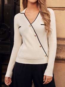 SHEIN Frenchy 拼接邊紐扣細節套頭毛衣 - 杏色 - 查看 2