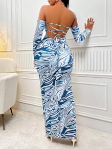 SHEIN Slayr Marble Print Lace Up Backless Off Shoulder Bodycon Dress - Blue - View 1