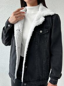 EURMUSE Borg Collar Teddy Lined Denim Jacket - Dark Grey - View 5