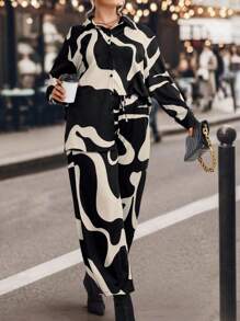 SHEIN LUNE Plus Allover Print Shirt & Wide Leg Pants - Multicolor - View 1