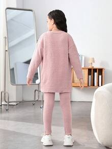 SHEIN Cô gái Tween Chất rắn Thả vai Áo len Duster & Áo len Áo ba lỗ & Quần dệt kim - Bụi hồng - Xem 2