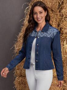 EMERY ROSE 休閒前紐扣佩斯利花紋女士牛仔夾克 & 外套 - 深色水洗藍 - 查看 3