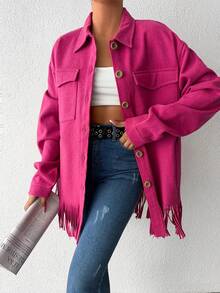 EURMUSE 有蓋口袋落肩流蘇下擺大衣 - 玫紅色 - 查看 4