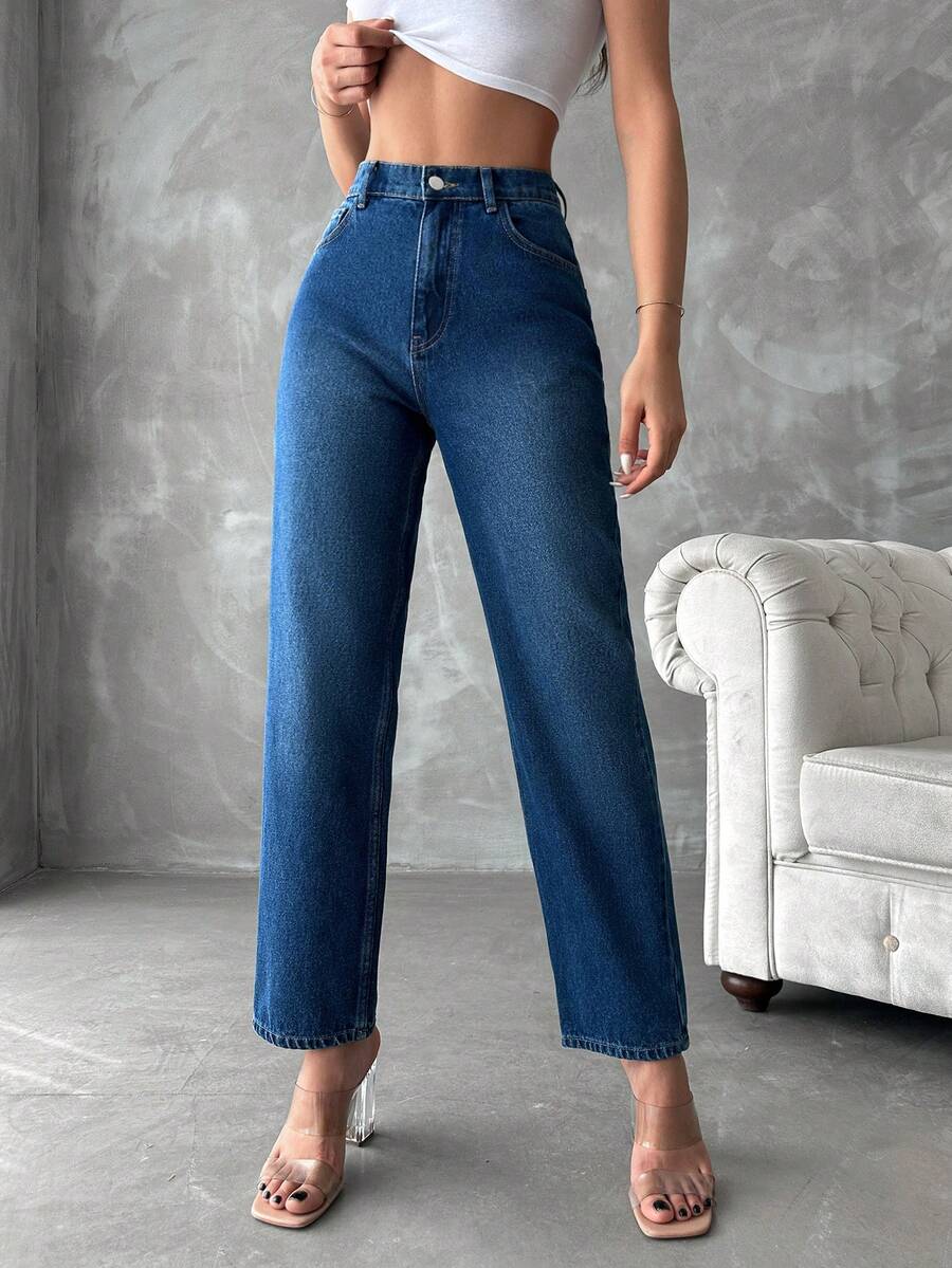 Cottnline High Waist Straight Leg Jeans - 藍色 - 查看 1