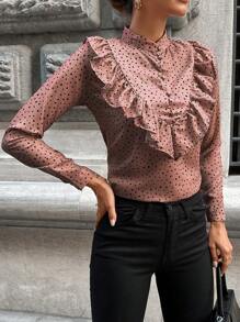 SHEIN Cottnline Blusa con estampado de lunares ribete con fruncido de cuello alto - Marrón Chocolate - Ver 5