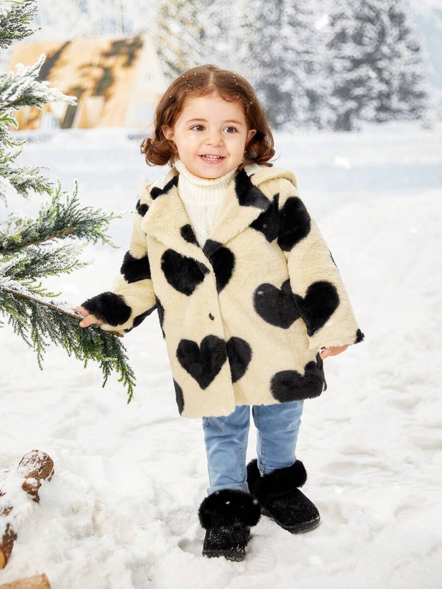 SHEIN Baby Girl Heart Pattern Teddy Coat - Black - View 1