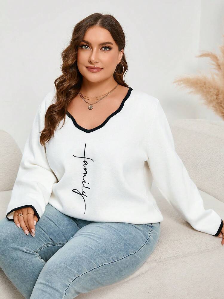 Plus Letter Pattern Contrast Trim Sweater Knit Pullover Fall Winter Sweater