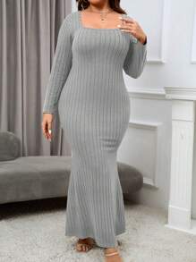 SHEIN Privé 大碼方領魚尾裙下擺洋裝 - 灰色 - 查看 1