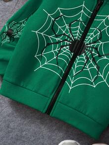 SHEIN Young Boy Spider Web Print Zip Up Sweatshirt - Green - View 8