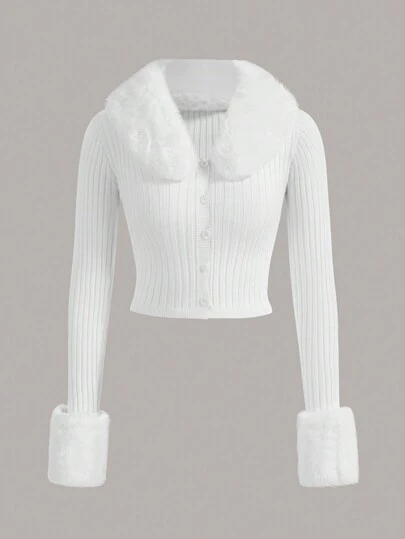 SHEIN ICON كارديجان أكمام طويلة باللون الأسود مع أساور فرائية وياقة بورغ، ملابس علوية أكمام طويلة للخريف/الشتاء