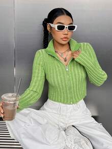 SHEIN Unity 拉鏈開襟短款開衫 - 綠色 - 查看 6