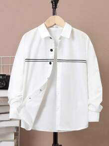 SHEIN Tween Boy Loose Fit Oxford Shoulder Weaving Long Sleeve Shirt - White - View 1