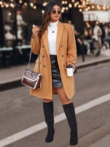 Calvaya Plus Lapel Neck Double Breasted Overcoat - Apricot - View 4