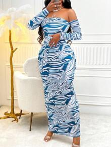 SHEIN Slayr Marble Print Lace Up Backless Off Shoulder Bodycon Dress - Blue - View 6