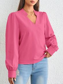 SHEIN Essnce Solid Surplice Neck Lantern Sleeve Blouse - Hot Pink - View 5
